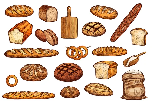 Iconos de pastelería. Pan, baguete, pan y bagel — Archivo Imágenes Vectoriales