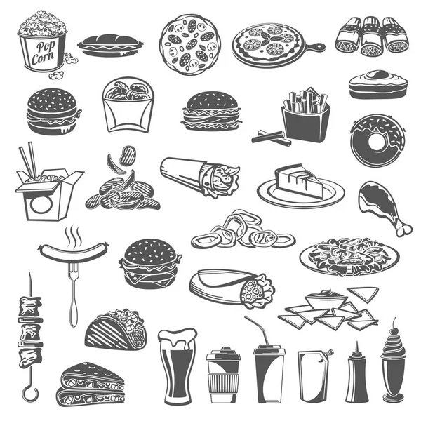 Fast-food maaltijd pictogrammen met snacks — Stockvector