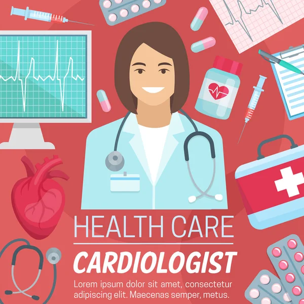 Cardiólogo médico con corazón y ecg — Vector de stock