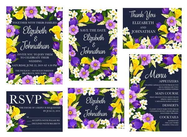 Květinové svatební pozvánky a pozdravy — Stockový vektor