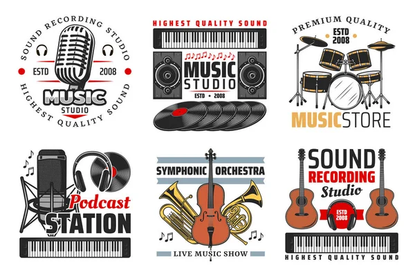 Estúdio de gravação de som, música e ícones de rádio — Vetor de Stock