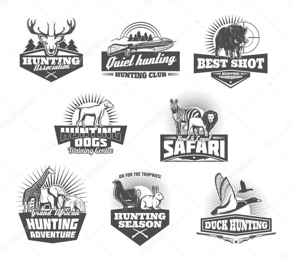 Hunting retro icons of african safari and hunter sport club. Wild animals and birds black and white badges with huntsman rifle target, shotgun and dog, antler and crossbow. Hunting sport theme design