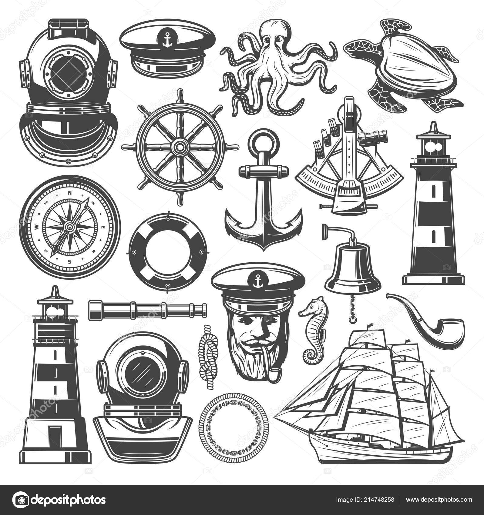 Nautical symbols and marine sailing vector icons — Stock Vector