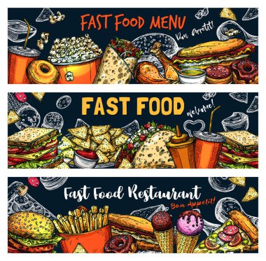 Fast hamburger, pizza ve sosisli sandviç kroki