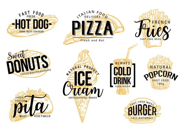 Lettering vettoriale pizza e hamburger fast food — Vettoriale Stock