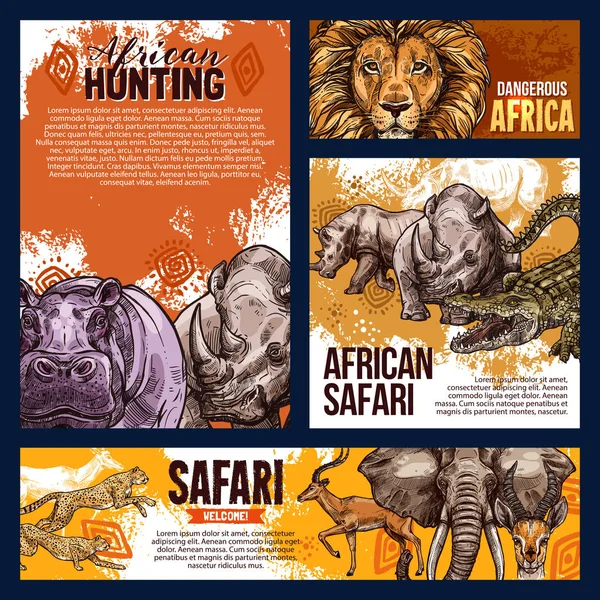 Afrikansk Safari Jakt Skiss Banners Och Affischer För Öppna Säsongen — Stock vektor
