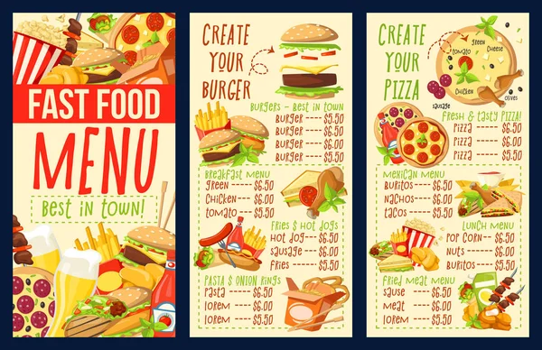 Comidas combinadas de comida rápida, hamburguesas y menú de pizza — Vector de stock
