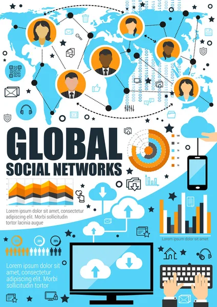 Globální sociální síť a internet — Stockový vektor