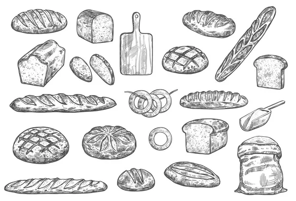 Tortas de pão, pães de padaria vetoriais e baguetes — Vetor de Stock