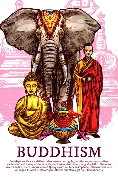 Buddha, monk, vase and elephant — Stock Vector