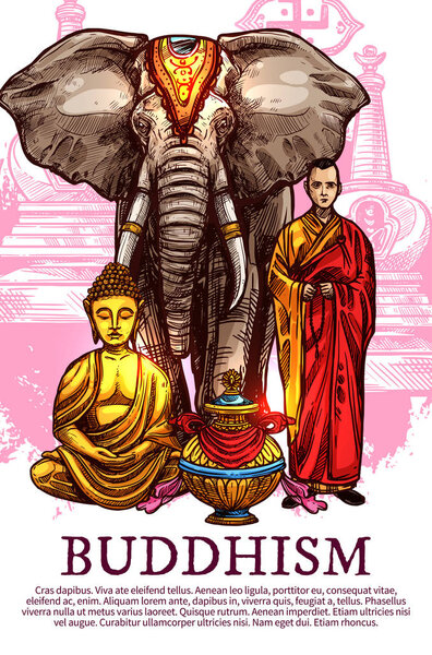 Buddha, monk, vase and elephant