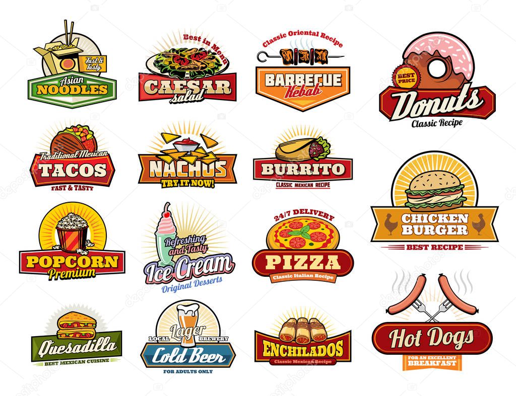 Fast food icons of fastfood snacks and sandwiches. Cafe, restaurant or bistro menu. Vector Chinese noodle box, Caesar salad or kebab barbecue and donut dessert, Mexican taco and nachos with burrito