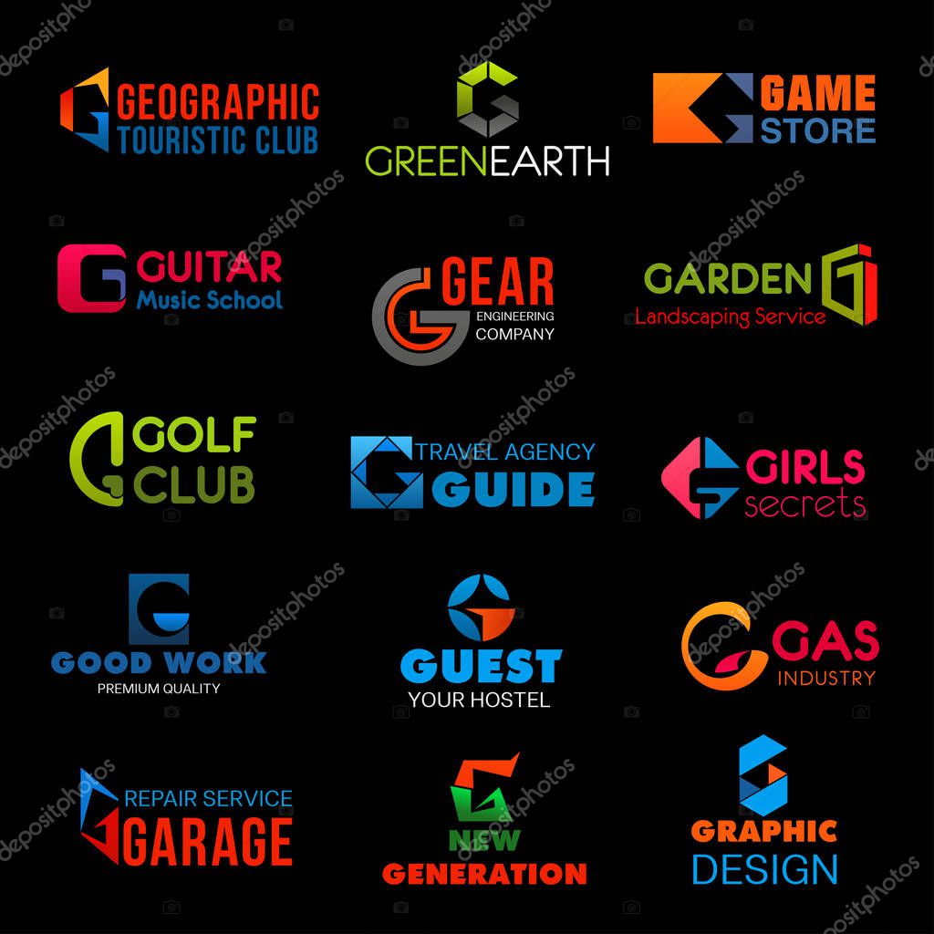 Letter G brand identity or company corporate design in tourism club or green earth ecology and game store. Vector G symbol of engineering, golf club or hostel and hotel and graphic design agency