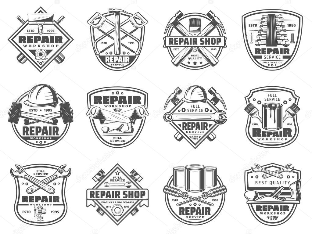 Work tools icons, home repair workshop or store. Vector construction tools of hammer, saw or ruler and spanner with paint brush, grinder plane and screws. House renovation and carpentry theme