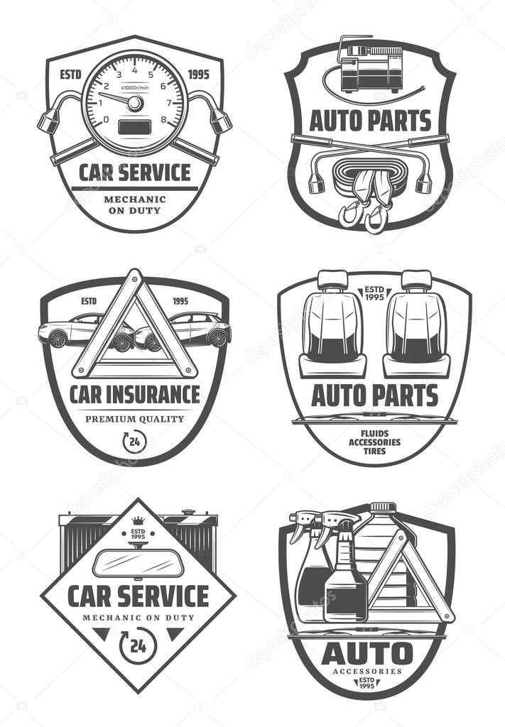 Car service or auto spare parts store icons. Vector tire pumping manometer and lug wrench, car seats and tow belt. Transport insurance or mechanic repair station theme