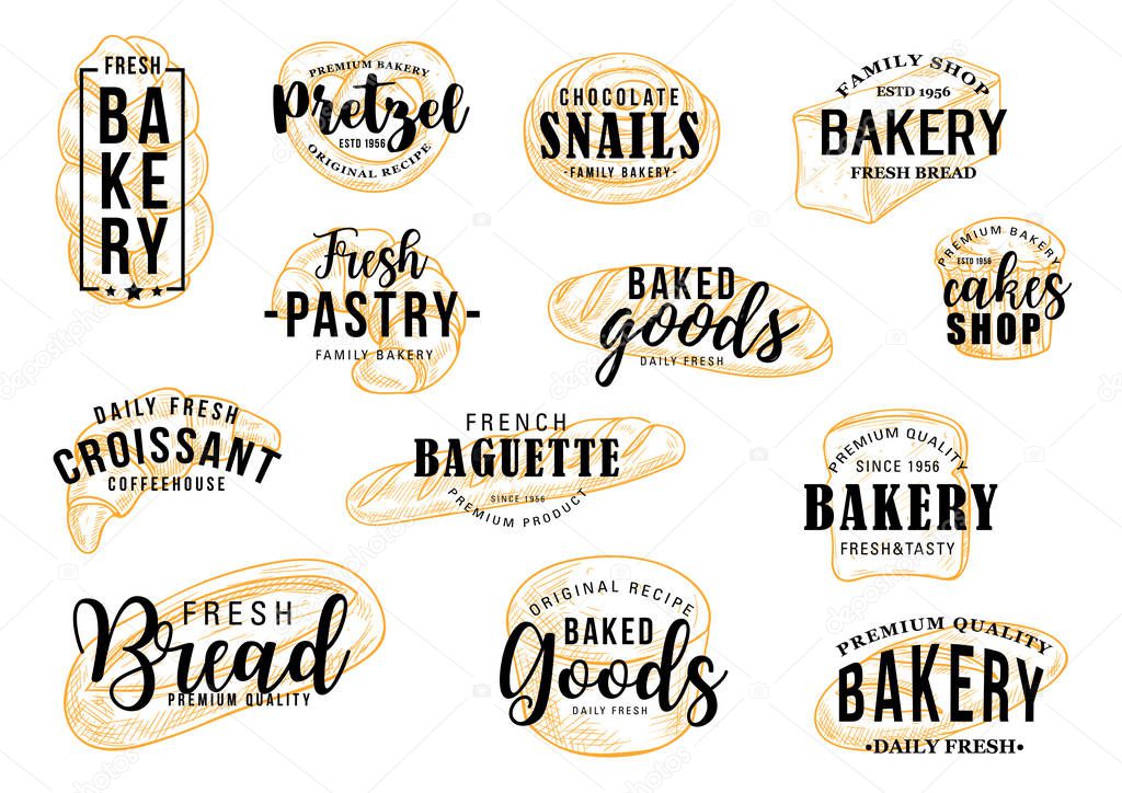 Bakery bread or pastry sketch lettering, baker shop or patisserie. Vector calligraphy of pretzel bagel, sweet cake and croissant desserts, rye baguette or chocolate pie and loaf