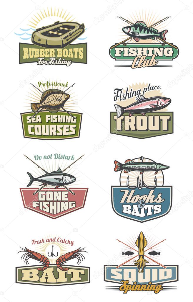 Fishing icons, professional fish catch or fisherman club and store. Vector design of crossed fisher rod, tackles and baits with hooks for flounder, shrimp or tuna