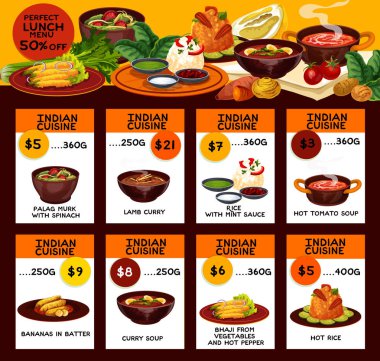 Hint mutfağının geleneksel yemek menüsü. Vektör yemek palag kasvet ıspanak, kuzu köri veya nane sosu, muz tereyağı ile sıcak domates çorbası ve bhaji sebze biber ile pirinç