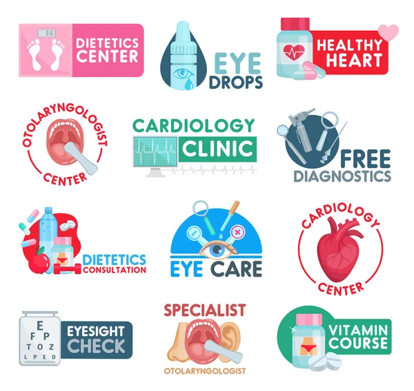 Cardiologie et diététique icônes de la santé — Image vectorielle