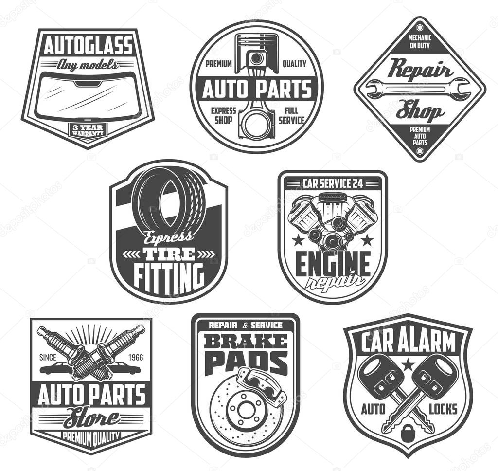 Car service, auto spare parts store icons. Vector windshield autoglass, engine valve or wrench and spanner tool, tire fitting station or plug with brake pads and alarm keys. Mechanic repair theme