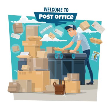 Postman sorting mail and parcels at post office clipart