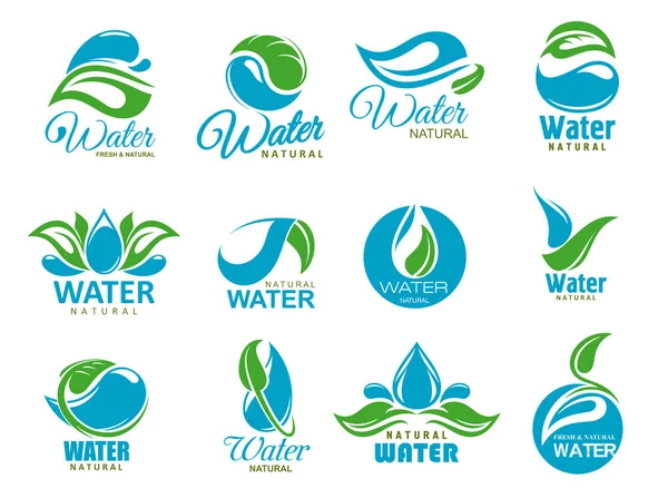 Iconos de agua limpia con gotas azules y hojas verdes — Vector de stock