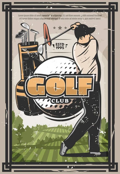 Cartel deportivo de golf con golfista, club y pelota — Archivo Imágenes Vectoriales