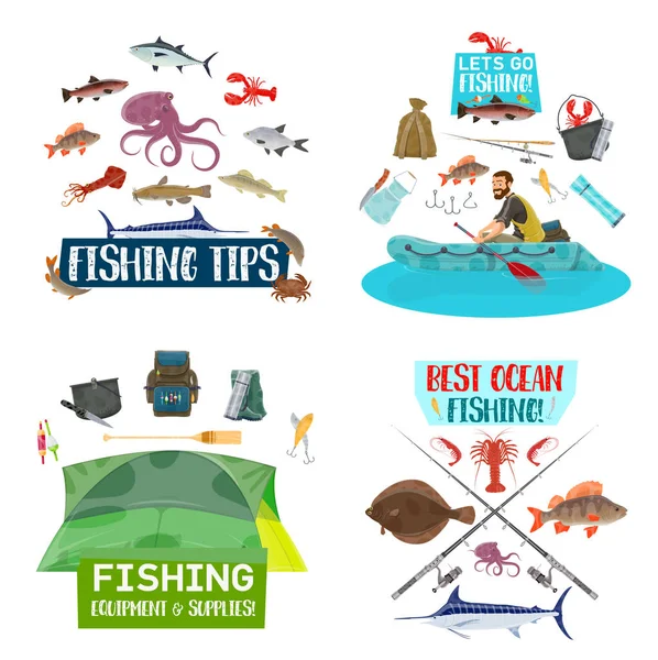 Iconos de pesca deportiva con pescador, pescado y barco — Vector de stock