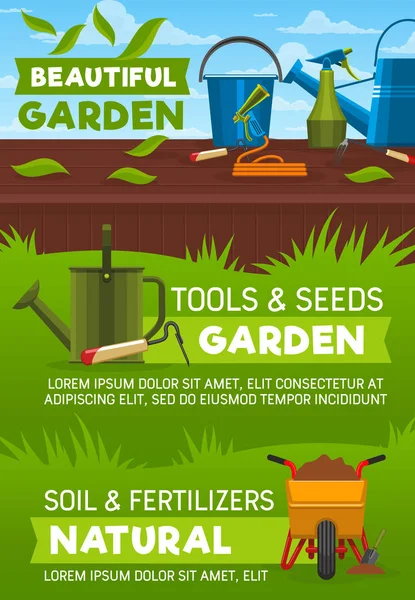 Tuinieren hulpmiddelen op gazon groen gras — Stockvector