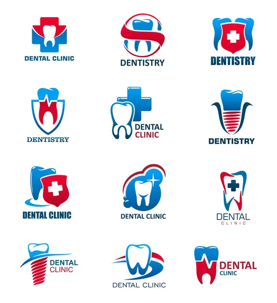 Dental clinic, tand och tandläkare ikoner — Stock vektor