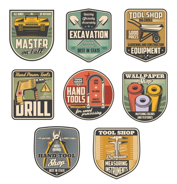 Reparatie gereedschap of bouw apparatuur retro badges — Stockvector