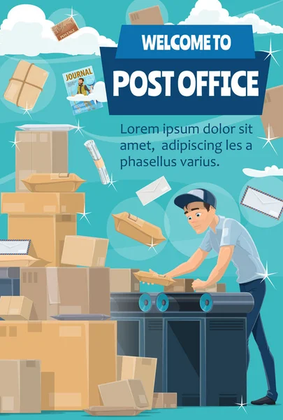 Postino all'ufficio postale con posta, lettera, pacco — Vettoriale Stock