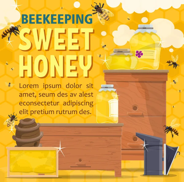 Miel naturel aliment sucré avec abeilles et ruche — Image vectorielle