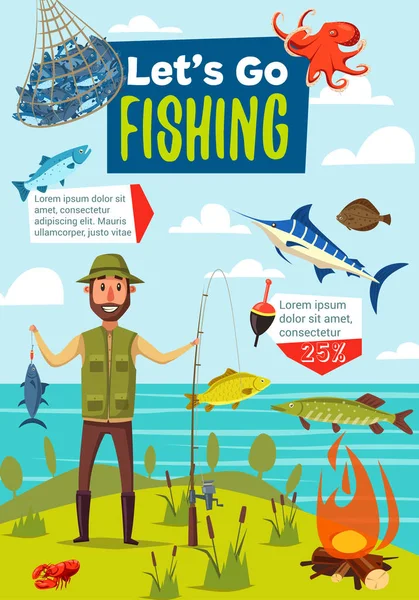 Póster deportivo de pesca, pescado y pescador — Archivo Imágenes Vectoriales