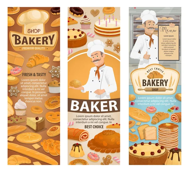 Bakkerij, gebak, bakker en café winkel — Stockvector