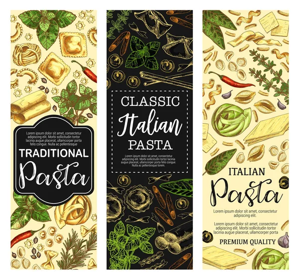 Italiaanse keuken pasta en macaroni schets banners — Stockvector