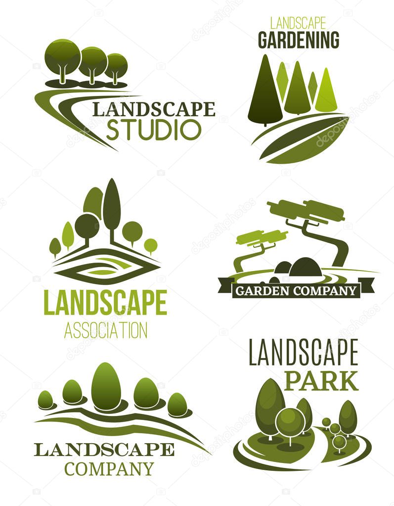 Landscape design icons, landscaping studio and gardening company theme. Green tree plant and lawn of park symbols for garden planning, city square maintenance and landscaping service. Vector