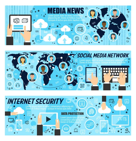 Rete di social media e banner di notizie su Internet — Vettoriale Stock