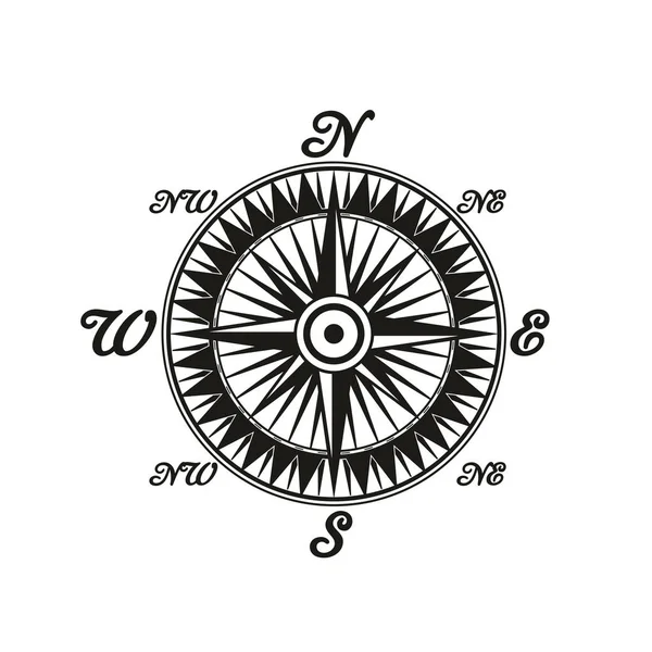 Brújula vintage símbolo monocromo con lados del mundo — Vector de stock