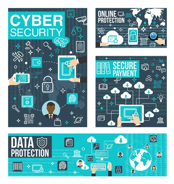 Kybernetické bezpečnosti a ochrany line art info plakát — Stockový vektor