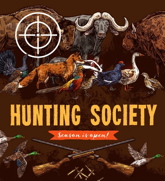 Avcılık av sezonu poster, hayvanlar ve kuşlar — Stok Vektör