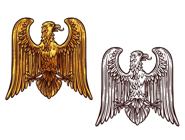 Águila símbolo heráldico. Boceto y pájaro dorado — Vector de stock