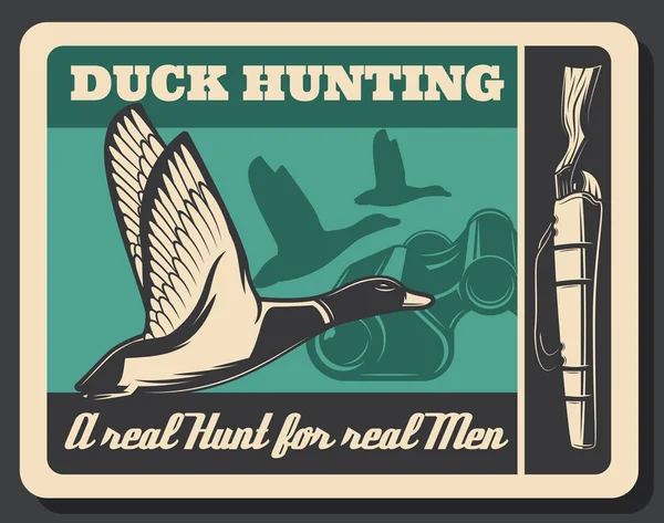 Hunting poster with duck and shotgun — Stock Vector