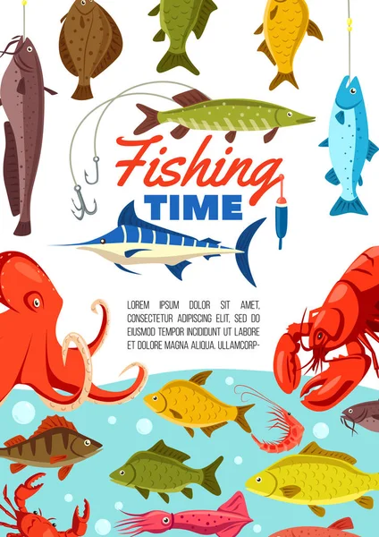 Temps de pêche avec des animaux à couture dans l'eau — Image vectorielle