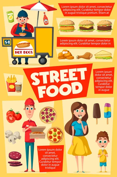 Consumidores y vendedores, reparto de comida callejera — Archivo Imágenes Vectoriales