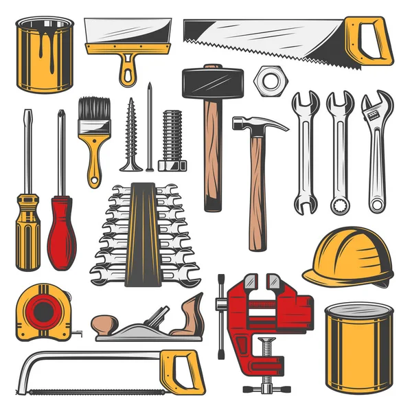 Ferramentas de reparação, carpintaria e ícones de construção — Vetor de Stock