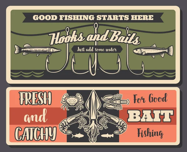 Fishery retro, fishing tools and seafood — Stock Vector