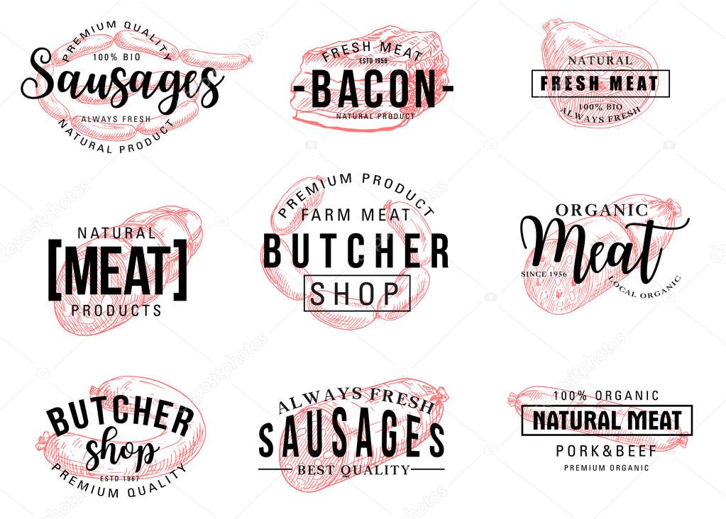 Butcher shop products, sketch lettering icons. Meat and sausages, pork and beef, bacon and farm meat. Natural food of vector isolated symbols of ham meat and tenderloin steaks briskets