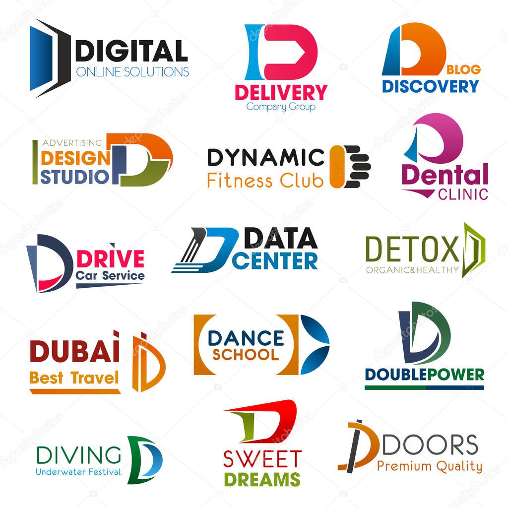 D letter icons and symbols, vector. Digital technology and delivery service, discovery and design studio, fitness, dental care and data center, doors shop and detox program, drive school identity