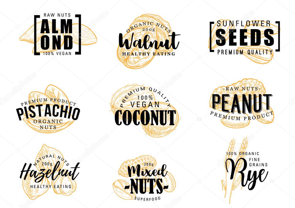 Exotic nuts lettering vector icons. Almond and coconut, peanut and hazelnut, sunflower seeds and pistachio, walnut and rye grains. Mixed nuts in shell, vector